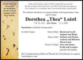 Traueranzeige von Dorothea  Loistl von Neustadt/ Scheinfeld/ Uffenheim