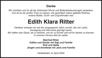 Traueranzeige von Edith Klara Ritter von Dinkelsbühl/ Feuchtwangen