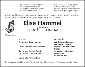 Traueranzeige von Elise Hammel von Ansbach