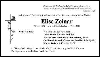 Traueranzeige von Elise Zeinar von Neustadt/ Scheinfeld/ Uffenheim