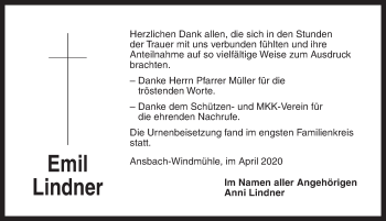 Traueranzeige von Emil Lindner von Ansbach