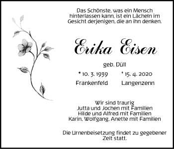 Traueranzeige von Erika Eisen von Neustadt/ Scheinfeld/ Uffenheim