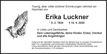 Traueranzeige von Erika Luckner von Ansbach