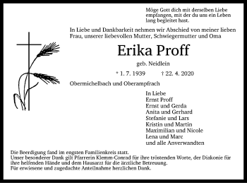 Traueranzeige von Erika Proff von Dinkelsbühl/ Feuchtwangen