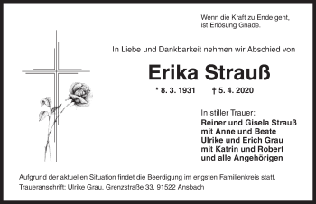 Traueranzeige von Erika Strauß von Ansbach