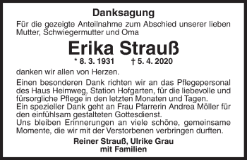 Traueranzeige von Erika Strauß von Ansbach