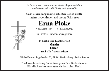 Traueranzeige von Erna Ploke von Rothenburg