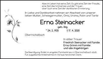 Traueranzeige von Erna Steinacker von Dinkelsbühl/ Feuchtwangen