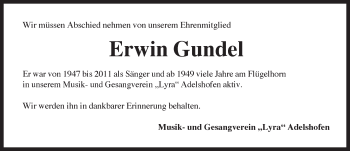 Traueranzeige von Erwin Gundel von Rothenburg