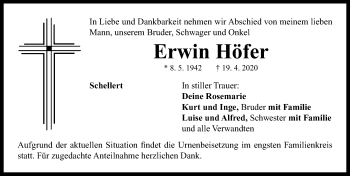 Traueranzeige von Erwin Höfer von Neustadt/ Scheinfeld/ Uffenheim