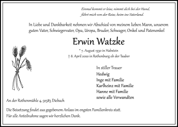 Traueranzeige von Erwin Watzke von Rothenburg