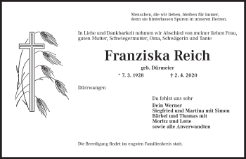 Traueranzeige von Franziska Reich von Dinkelsbühl/ Feuchtwangen