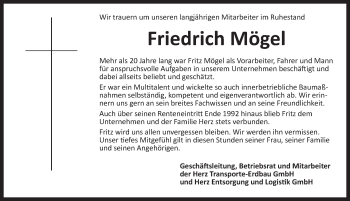 Traueranzeige von Friedrich Mögel von Dinkelsbühl/ Feuchtwangen