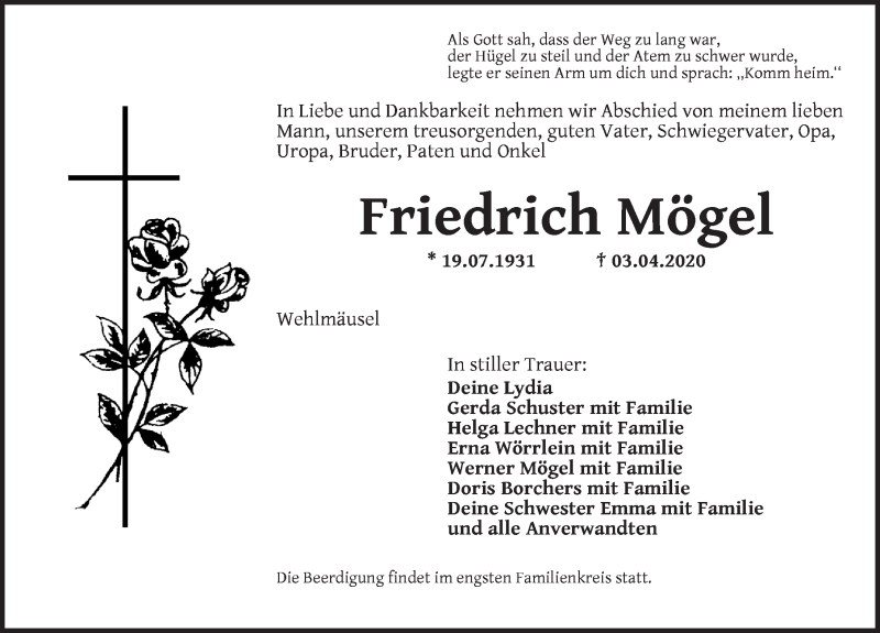  Traueranzeige für Friedrich Mögel vom 06.04.2020 aus Dinkelsbühl/ Feuchtwangen
