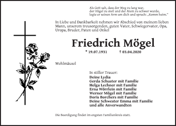 Traueranzeige von Friedrich Mögel von Dinkelsbühl/ Feuchtwangen