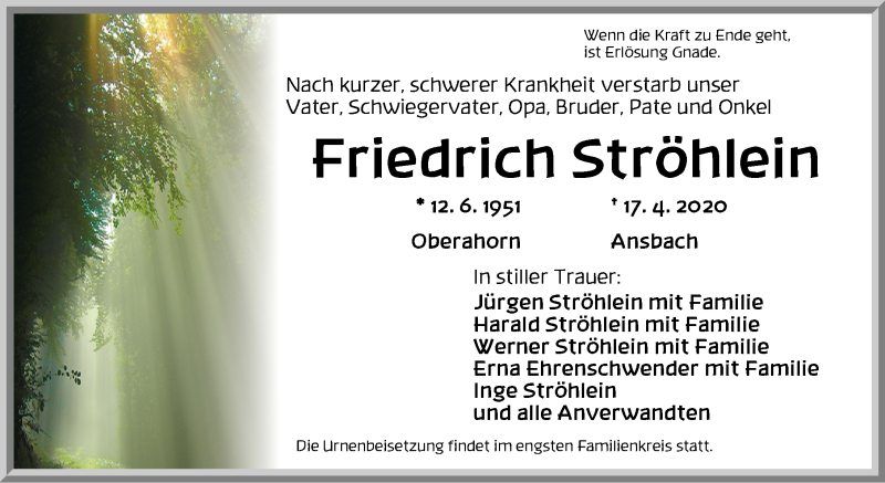  Traueranzeige für Friedrich Ströhlein vom 21.04.2020 aus Dinkelsbühl/ Feuchtwangen