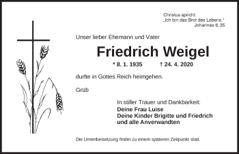 Traueranzeige von Friedrich Weigel von Dinkelsbühl/ Feuchtwangen