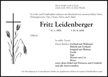 Traueranzeige von Fritz Leidenberger von Rothenburg