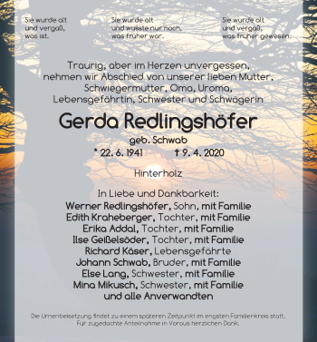 Traueranzeige von Gerda Redlingshöfer von Ansbach