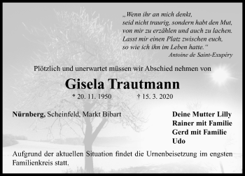 Traueranzeige von Gisela Trautmann von Neustadt/ Scheinfeld/ Uffenheim