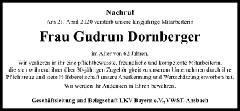 Traueranzeige von Gudrun Dornberger von Neustadt/ Scheinfeld/ Uffenheim