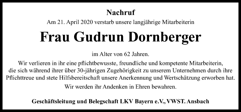  Traueranzeige für Gudrun Dornberger vom 25.04.2020 aus Neustadt/ Scheinfeld/ Uffenheim
