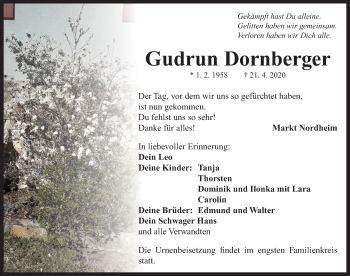 Traueranzeige von Gudrun Dornberger von Neustadt/ Scheinfeld/ Uffenheim