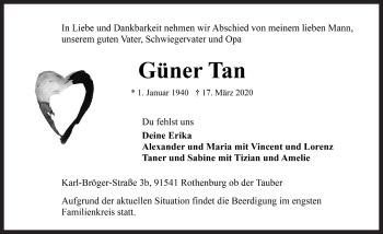 Traueranzeige von Güner Tan von Rothenburg