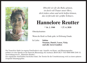 Traueranzeige von Hannelore Reutte von Rothenburg