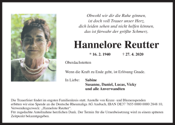 Traueranzeige von Hannelore Reutter von Gesamtausgabe