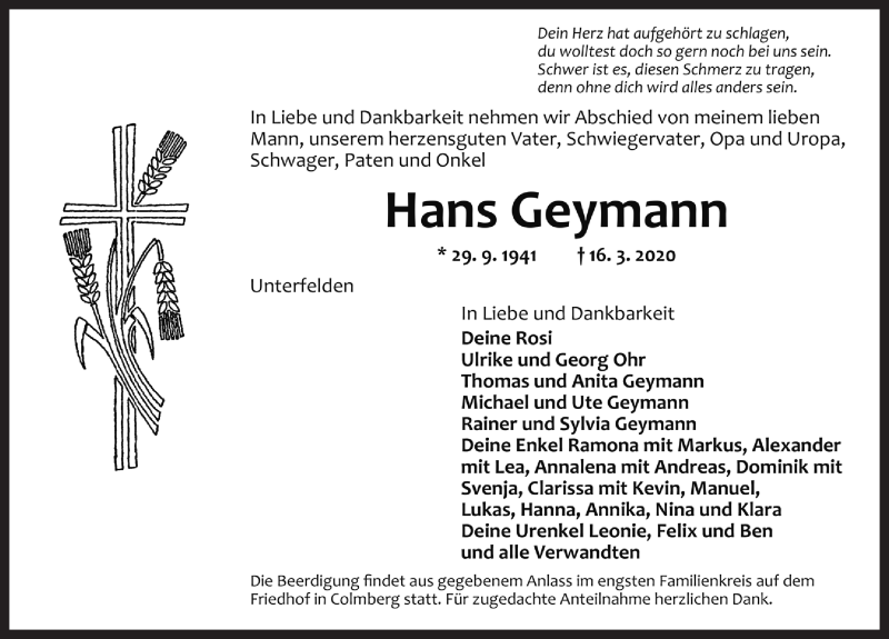  Traueranzeige für Hans Geymann vom 19.03.2020 aus Rothenburg