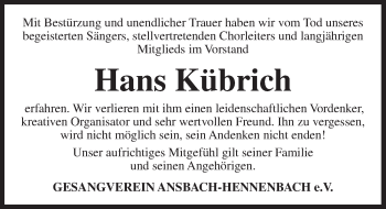 Traueranzeige von Hans Kübrich von Ansbach