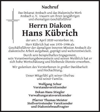 Traueranzeige von Hans Kübrich von Ansbach