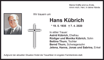 Traueranzeige von Hans Kübrich von Ansbach