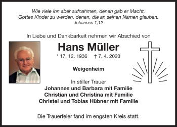 Traueranzeige von Hans Müller von Neustadt/ Scheinfeld/ Uffenheim