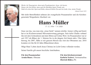 Traueranzeige von Hans Müller von Neustadt/ Scheinfeld/ Uffenheim