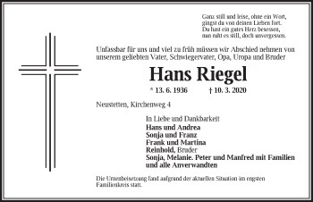 Traueranzeige von Hans Riegel von Ansbach