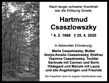 Traueranzeige von Hartmud Csaszlowszky von Ansbach