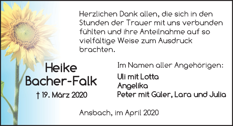  Traueranzeige für Heike Bacher-Falk vom 11.04.2020 aus Ansbach