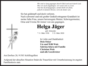 Traueranzeige von Helga Jäger von Rothenburg