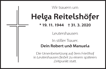 Traueranzeige von Helga Reitelshöfer von Ansbach