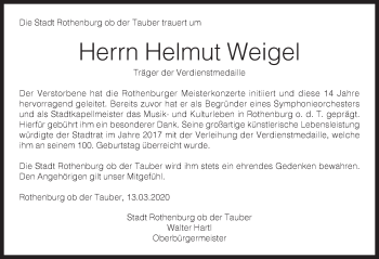 Traueranzeige von Helmut Weigel von Rothenburg