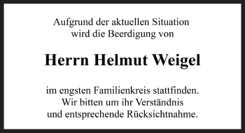 Traueranzeige von Helmut Weigel von Rothenburg