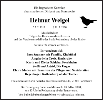Traueranzeige von Helmut Weigel von Rothenburg