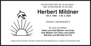 Traueranzeige von Herbert Mildner von Ansbach