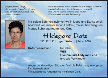 Traueranzeige von Hildegard Datz von Neustadt/ Scheinfeld/ Uffenheim