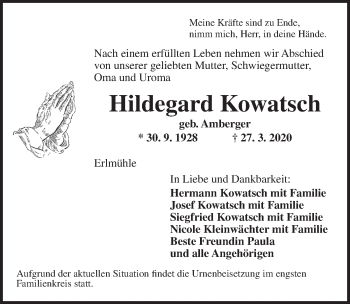 Traueranzeige von Hildegard Kowatsch von Dinkelsbühl/ Feuchtwangen