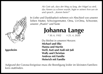 Traueranzeige von Johanna Lange von Neustadt/ Scheinfeld/ Uffenheim