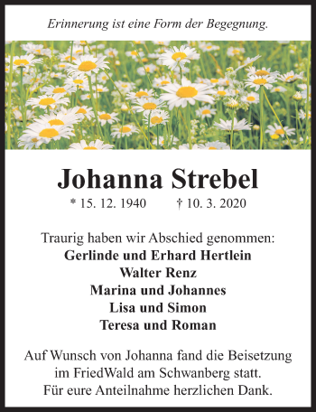 Traueranzeige von Johanna Strebel von Neustadt/ Scheinfeld/ Uffenheim