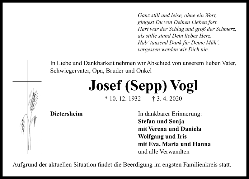  Traueranzeige für Josef Vogl vom 06.04.2020 aus Neustadt/ Scheinfeld/ Uffenheim